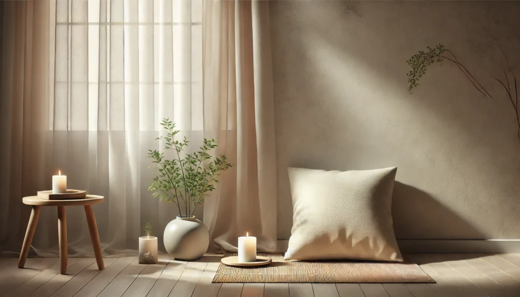 A tranquil interior space featuring a meditation cushion on a bamboo mat, lit candle, and soft natural light filtering through sheer curtains, symbolizing inner peace and cognitive stillness.
