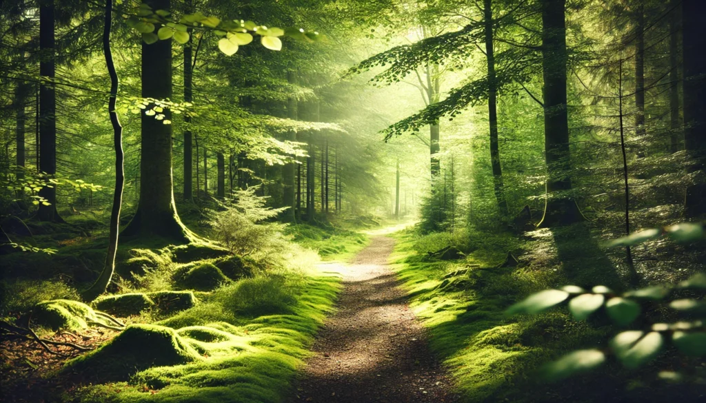 A peaceful, sun-dappled forest path surrounded by lush green trees and moss-covered ground, suggesting a mindful escape that supports mental rejuvenation and clarity.