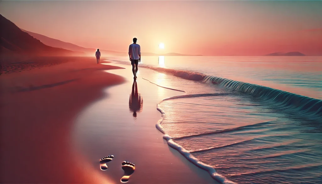 A calming beach scene at sunset with a person walking barefoot along the shoreline, gentle waves, and a sky painted in soft pink and orange hues, representing relaxation and emotional balance.