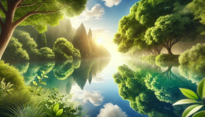 A tranquil natural landscape featuring lush greenery, serene water reflections, and gentle sunlight, symbolizing the calming effects of stress relief on brain health and longevity.