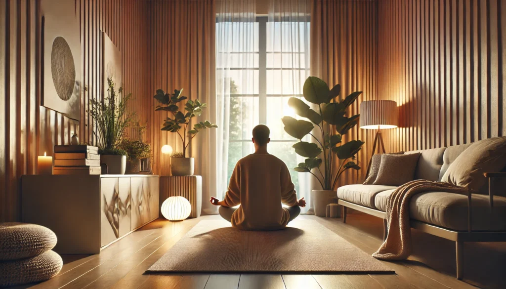 A calming indoor scene showing a person peacefully meditating in a cozy room with gentle ambient lighting, plants, and minimalistic décor, highlighting mindfulness and its benefits for stress relief and cognitive health.