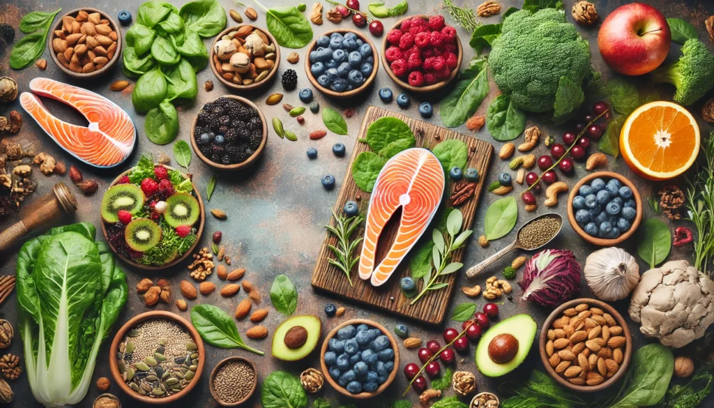 A visually appealing assortment of nutrient-rich foods including berries, leafy greens, nuts, seeds, and salmon displayed on a rustic table, emphasizing nutrition's role in brain health, stress relief, and healthy aging.