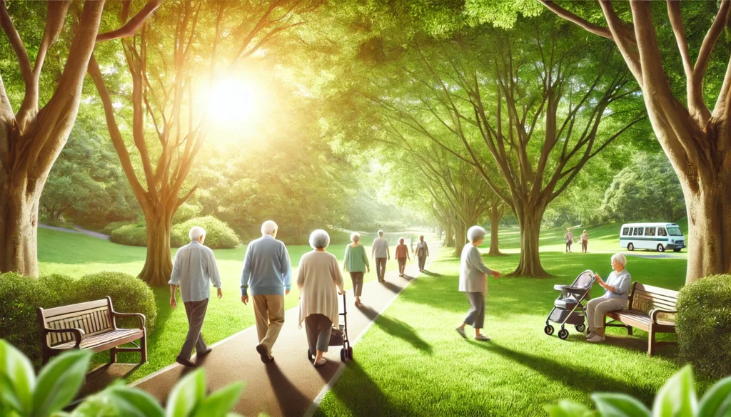 A bright, peaceful outdoor scene featuring elderly individuals walking leisurely in a vibrant green park, illustrating the benefits of active aging, stress relief, social connections, and improved cognitive wellness.