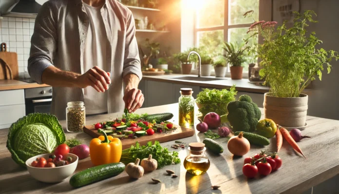 Modern kitchen with natural light where a person is preparing a colorful meal with fresh vegetables and herbs, illustrating the connection between nutritional choices, anxiety reduction, and brain health.