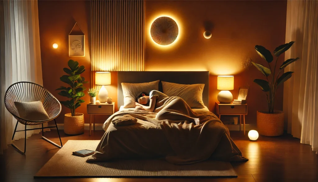 Peaceful bedroom at night with warm lighting and a person sleeping deeply, illustrating the importance of healthy sleep routines for reducing anxiety and restoring brain function.