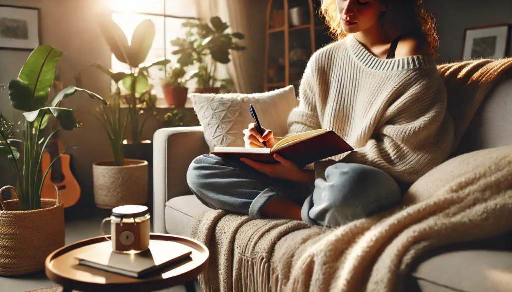Person journaling on a cozy sofa in a sunlit living room with soft blankets and houseplants, representing emotional clarity and anxiety relief through reflective writing and self-awareness.