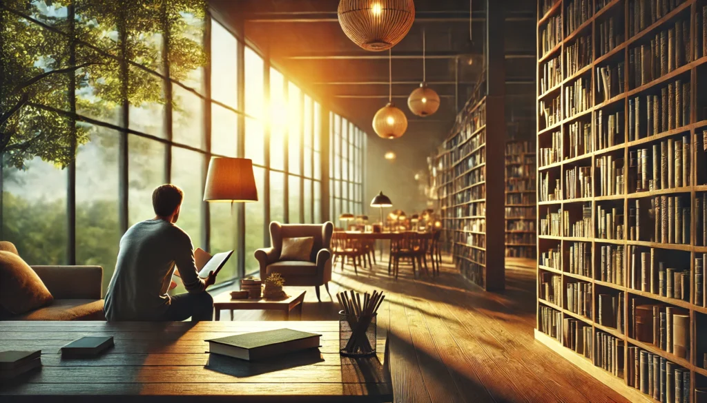 Individual reading peacefully in a serene library or reading nook with natural daylight, surrounded by books and greenery, symbolizing cognitive relaxation and stress reduction through quiet mental engagement.