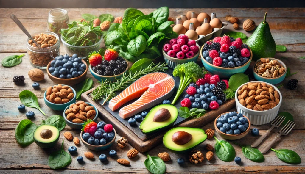 A rustic wooden table topped with a vibrant assortment of nerve-supporting foods including salmon, leafy greens, berries, avocados, and nuts, arranged in a natural, health-focused composition.
