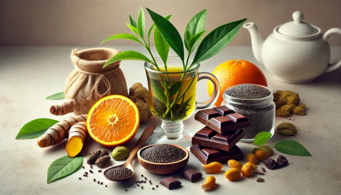 Close-up of turmeric root, a cup of green tea, dark chocolate, chia seeds, and fresh oranges on a neutral background, symbolizing antioxidant-rich foods for nervous system health