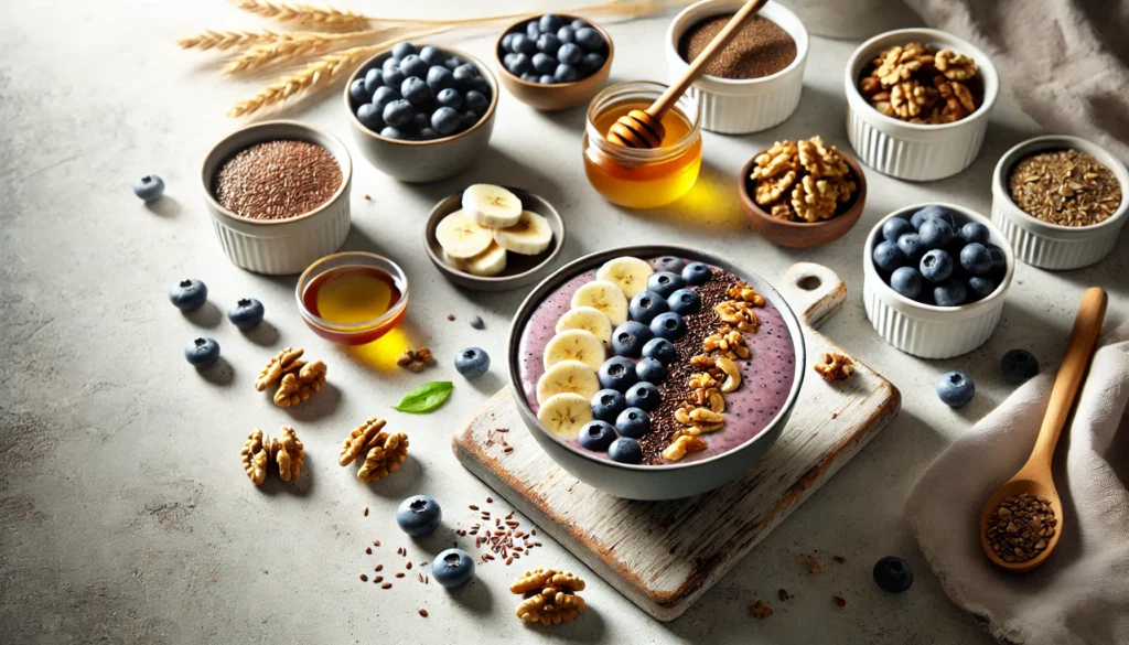 A modern kitchen scene showcasing a colorful smoothie bowl topped with blueberries, flaxseeds, banana slices, walnuts, and honey, surrounded by whole ingredients that benefit nerve function.