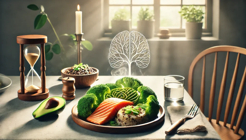 A serene dining setup with a nutrient-rich plate featuring grilled salmon, avocado, quinoa, and steamed broccoli, bathed in soft natural light to convey longevity and nervous system wellness