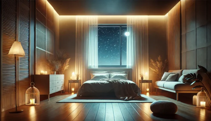A calming bedroom with ambient lighting, soft textures, and a starlit window, illustrating an ideal environment for restful, high-quality sleep.
