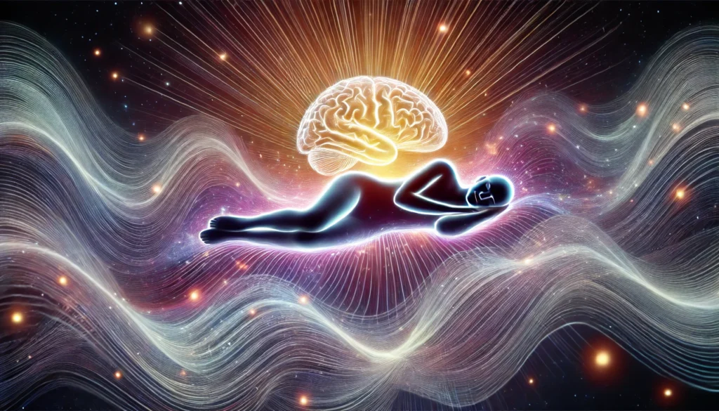 A symbolic silhouette floating in a cosmic space with glowing brainwaves, visually representing the restorative effects of deep sleep on mental and physical health.