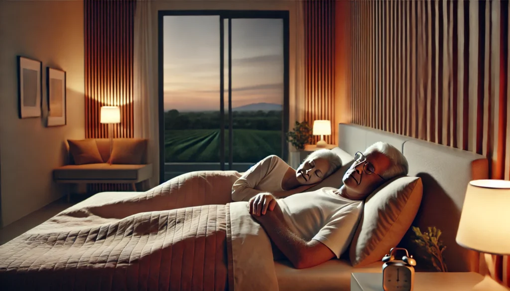 An elderly couple sleeping calmly in a serene bedroom, representing the connection between quality sleep, longevity, and healthy aging.