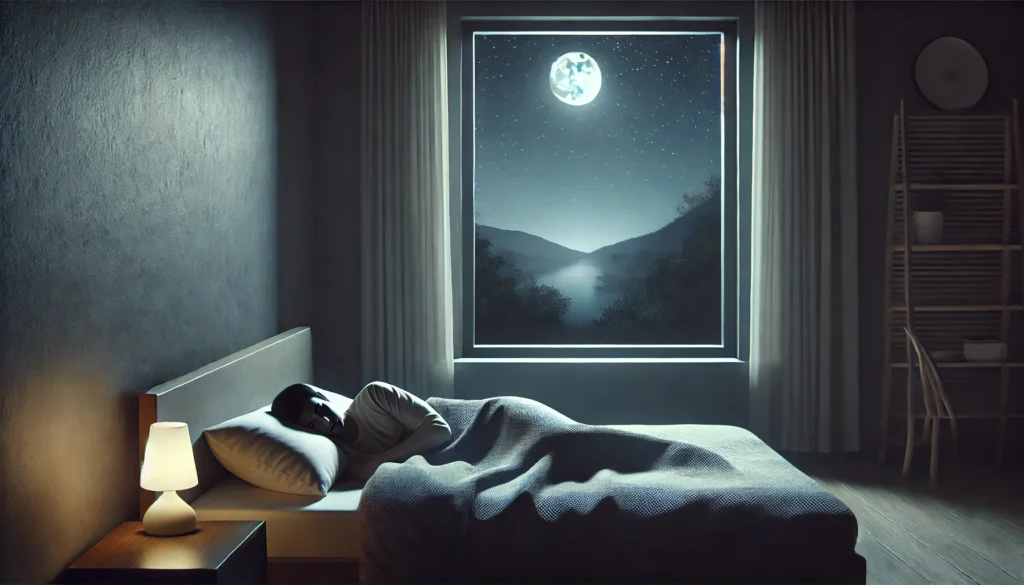 A tranquil night scene showing a person peacefully sleeping in bed under moonlight, symbolizing restorative rest and emotional balance.