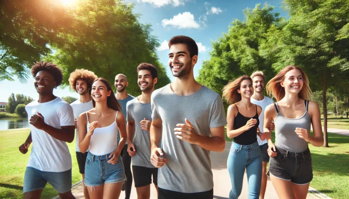 A group of diverse young adults jogging together in a sunny park, smiling and enjoying each other’s company, surrounded by green trees and a clear blue sky, representing the social and emotional connection built through group exercise.