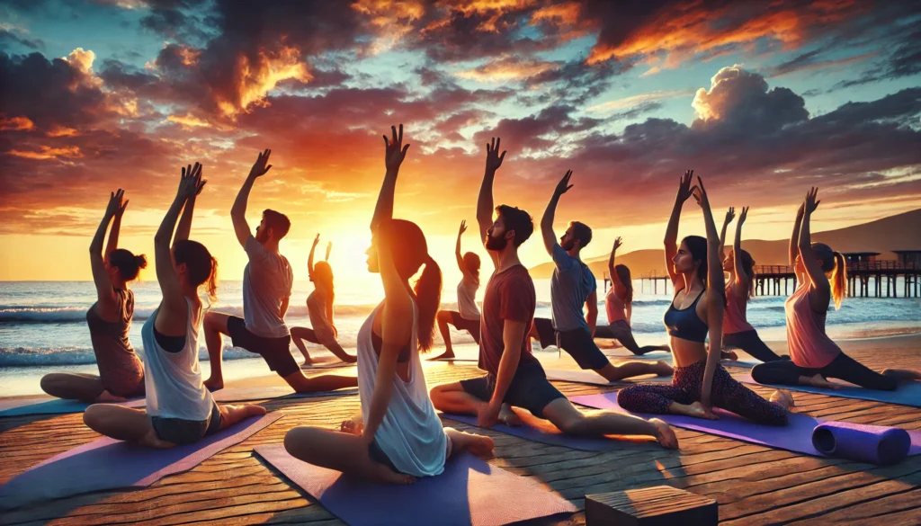 People practicing yoga on a beach at sunset, with warm glowing skies and serene expressions, symbolizing emotional well-being and mindfulness cultivated through group physical activity.