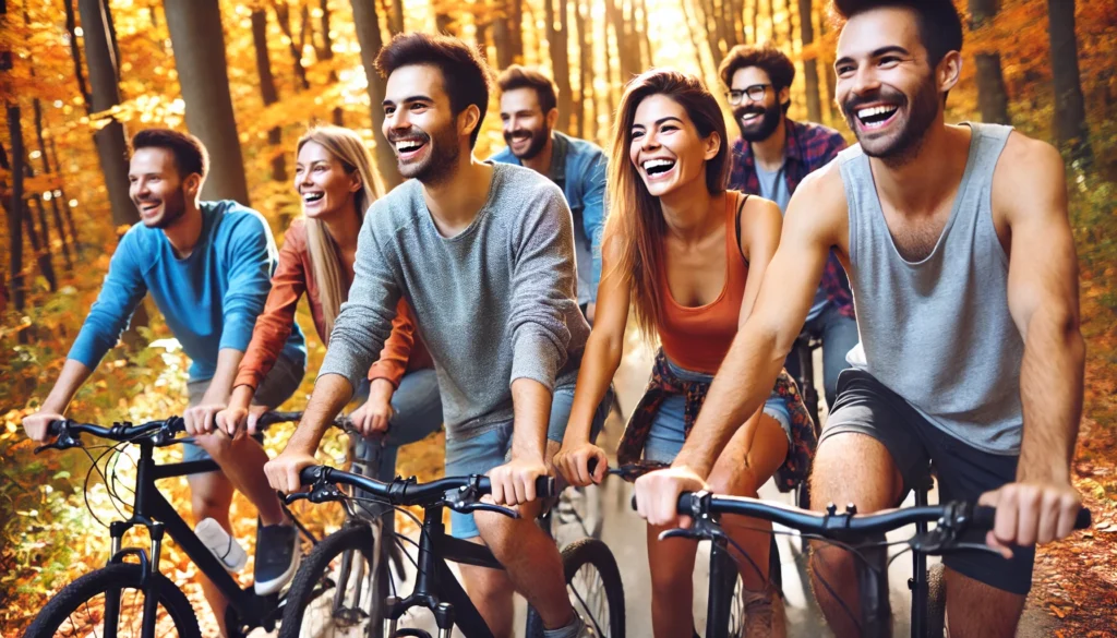 Friends cycling together on a scenic forest trail during autumn, laughing and bonding amid vibrant orange and yellow leaves, highlighting the mental health and social benefits of exercising in nature with others.