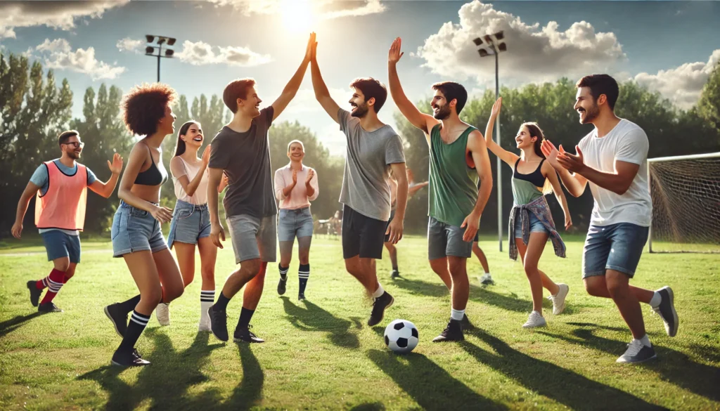 A diverse group playing a casual soccer match in a green field, sharing high-fives and joyful moments under a bright sky, illustrating teamwork, connection, and emotional uplift through recreational sports.