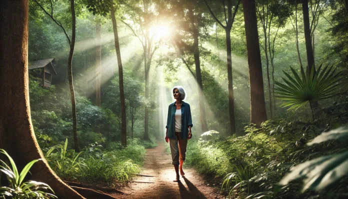 Adult woman walking along a forest trail in early morning light, surrounded by lush greenery and sunlight filtering through trees, symbolizing therapeutic nature walks for depression relief.