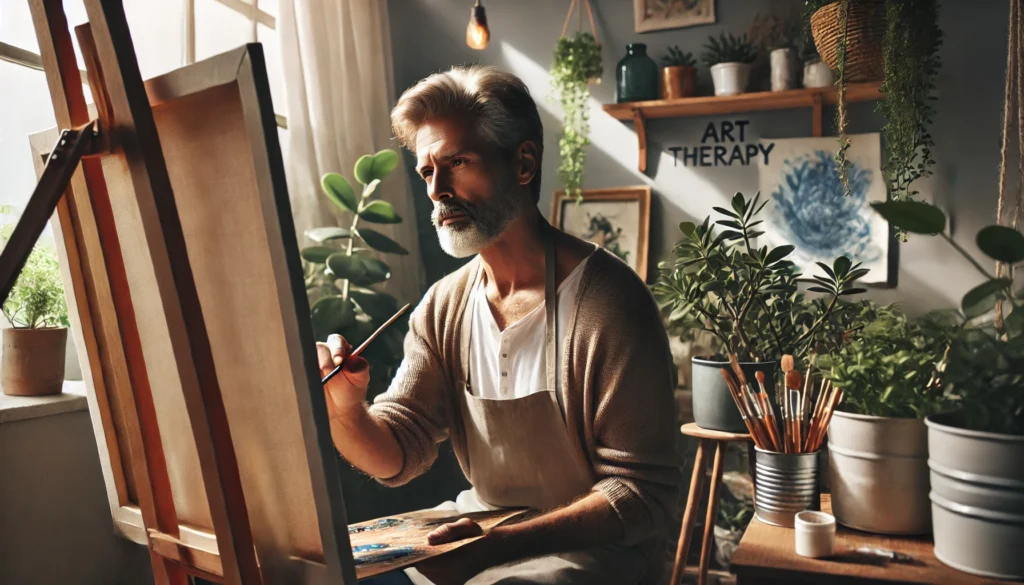 Adult man painting at an easel in a sunlit room with indoor plants, capturing the calming and expressive benefits of art therapy for emotional well-being.