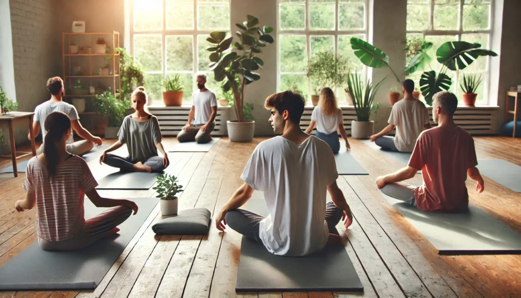 Group of adults practicing gentle yoga in a bright, plant-filled studio, reflecting the stress-reducing and mood-enhancing effects of mindful movement for mental health.