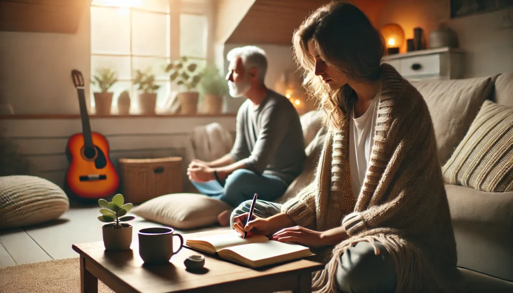 Adult journaling in a cozy home nook with a warm blanket and cup of tea, illustrating self-reflection and therapeutic writing as a mental wellness activity.