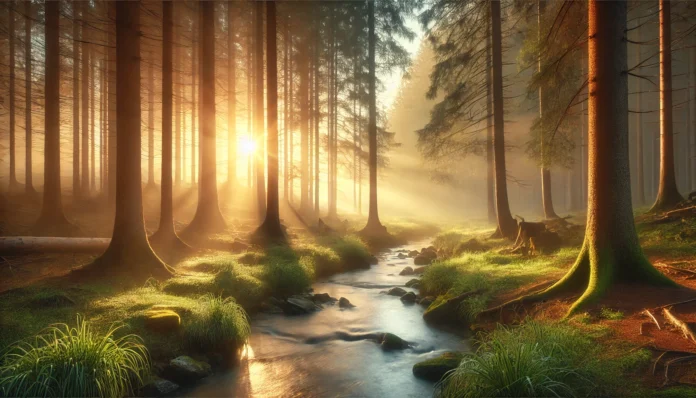 A serene forest at sunrise with soft mist, a gentle stream, and sunlight filtering through tall trees—symbolizing emotional healing and mental clarity.