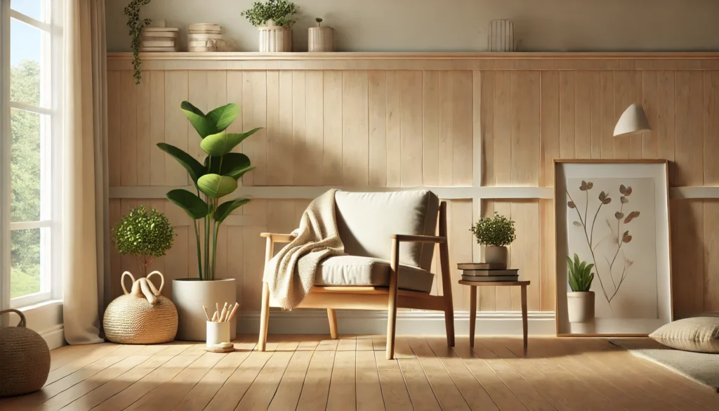 A cozy, minimalist living room filled with natural light, featuring a reading nook, green houseplants, and soft textures—evoking self-care and a calming environment.