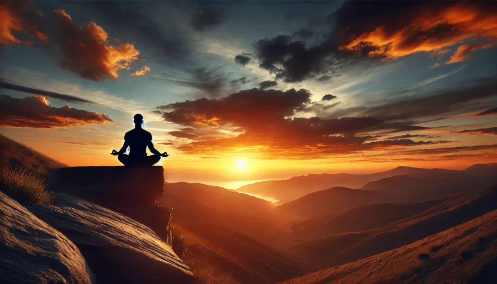 A person meditating on a mountain at sunset, silhouetted against a warm sky with expansive hills—representing mindfulness, solitude, and emotional resilience.
