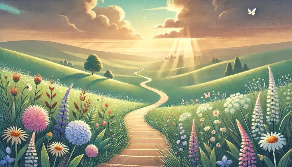 A winding path through a blooming spring meadow under a soft, partly cloudy sky—illustrating the journey toward healing and long-term mental wellness.