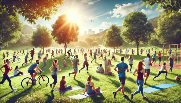 A diverse group of people jogging, biking, doing yoga, and playing soccer in a vibrant green park under clear blue skies, symbolizing the mental and physical health benefits of regular outdoor activity.
