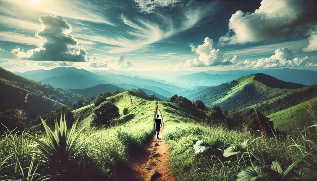 A lone hiker walking along a peaceful mountain trail surrounded by lush greenery and open skies, representing the connection between physical movement and mental clarity.
