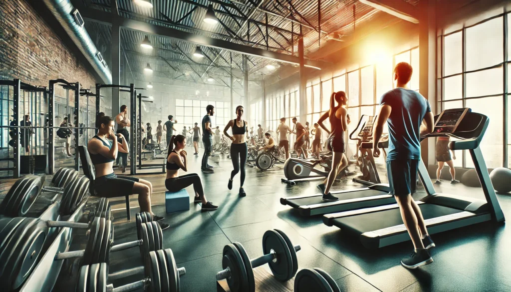 People of different fitness levels engaging in various exercises such as weightlifting, cardio, and group workouts in a bright, modern gym, highlighting structured physical activity for strength and mental focus.
