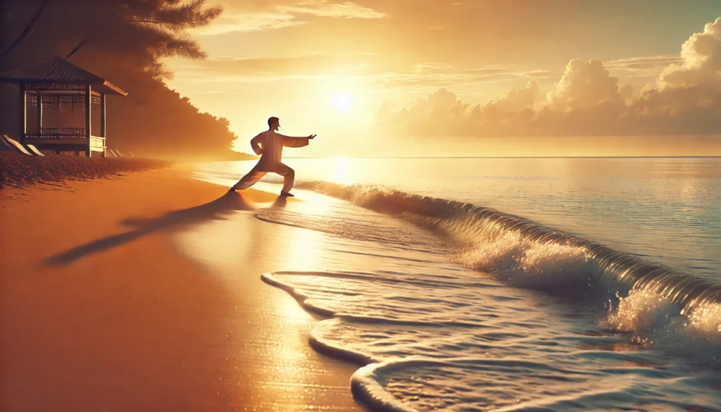 A person practicing tai chi at sunrise near the shoreline of a tranquil beach, illustrating the calming, stress-relieving effects of gentle physical activity.