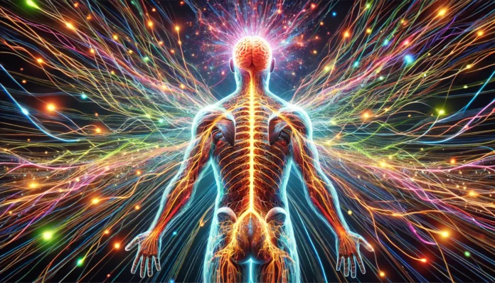 Artistic depiction showcasing vibrant neural signals emanating from the brain and spreading throughout the human body, emphasizing the role of the central nervous system in controlling bodily functions.