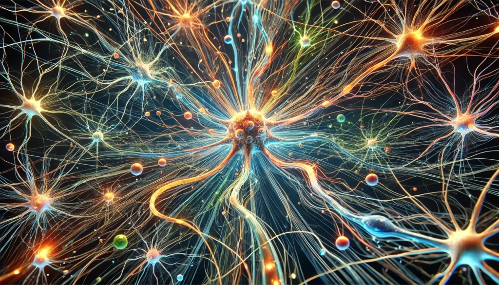 Detailed visualization of interconnected neurons illustrating the complex electrical signaling pathways within the brain and spinal cord, highlighting central nervous system dynamics.