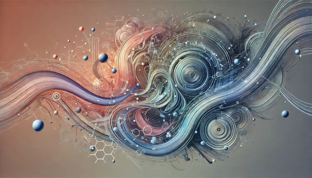 Abstract artwork featuring flowing, interconnected lines and shapes representing smooth communication between the brain and nervous system, visually capturing the harmony within the central nervous system.