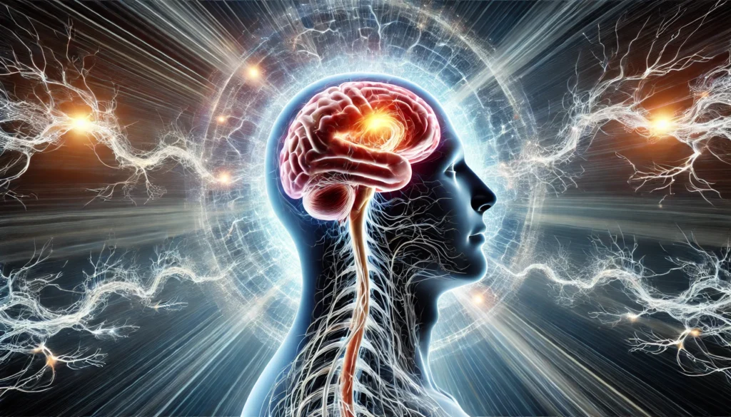 Futuristic artistic interpretation of the brain and spinal cord within a glowing human silhouette, symbolizing the energy flow and integration of the central nervous system.