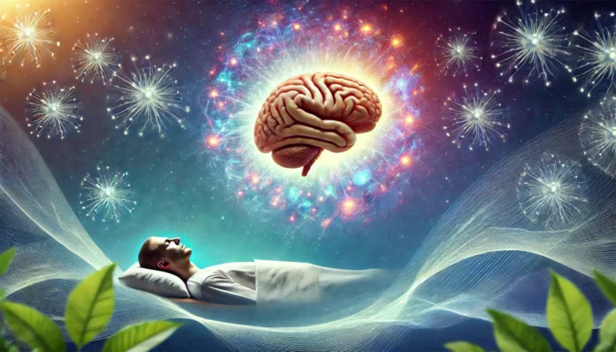 A surreal image of a brain hovering above a sleeping individual, bathed in regenerative light and energy waves, representing brain recovery after sleep loss.