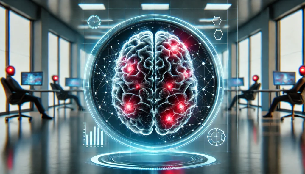 A futuristic brain scan showing dimmed neural pathways and red-highlighted regions of cognitive deterioration caused by prolonged sleep deprivation.