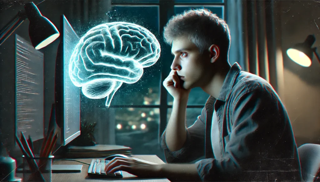 A realistic digital painting of a tired young adult staring at a glowing computer screen late at night, with a ghostly brain reflection overlayed on the glass to represent mental fatigue from sleep deprivation.