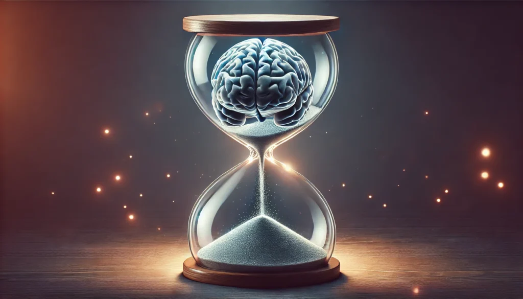 A conceptual image of a brain encased inside a transparent hourglass, with sand trickling down to symbolize gradual cognitive decline and memory loss caused by prolonged lack of sleep.