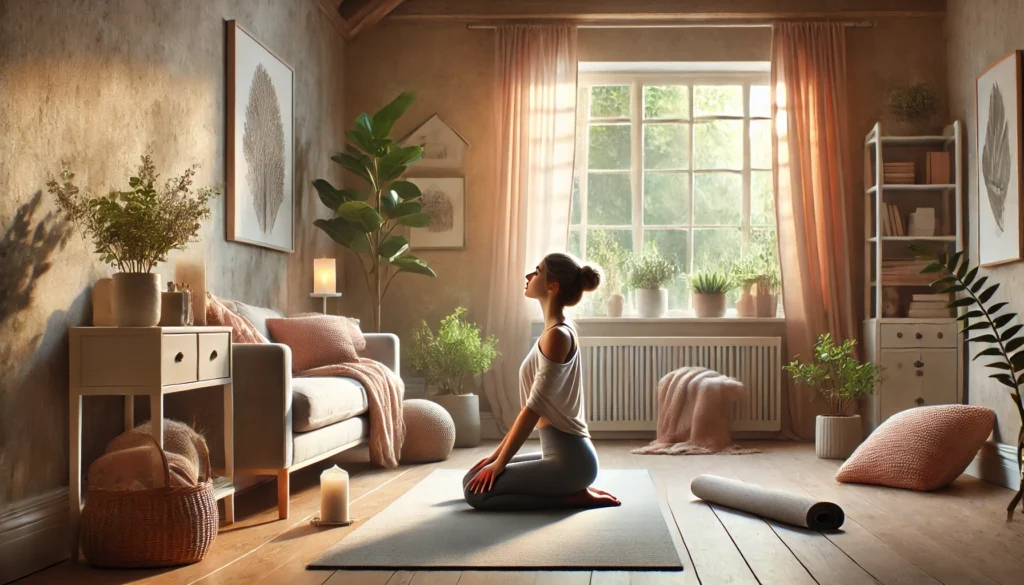 A woman practicing deep breathing on a yoga mat in a calm, softly lit living room with cozy decor and houseplants, promoting relaxation at home.