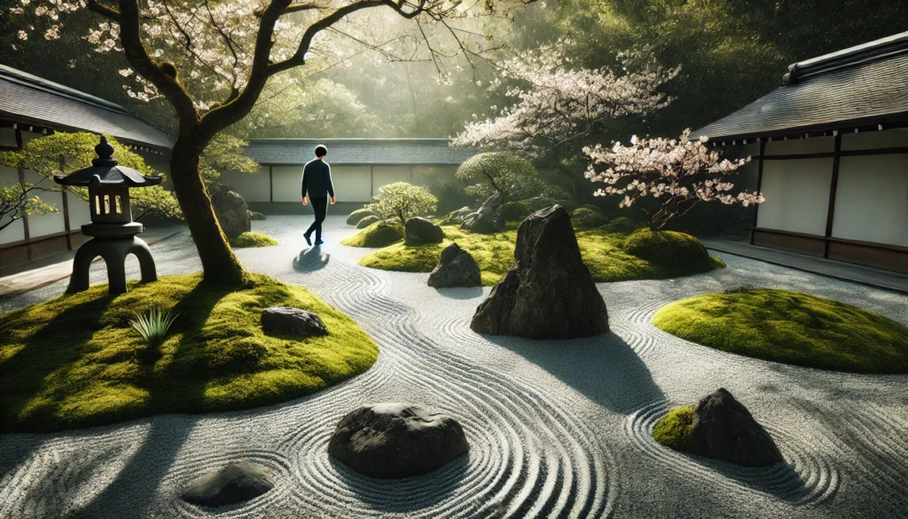 A person walking slowly through a traditional Japanese Zen garden with raked gravel and blooming cherry blossoms, illustrating mindful walking and emotional balance.