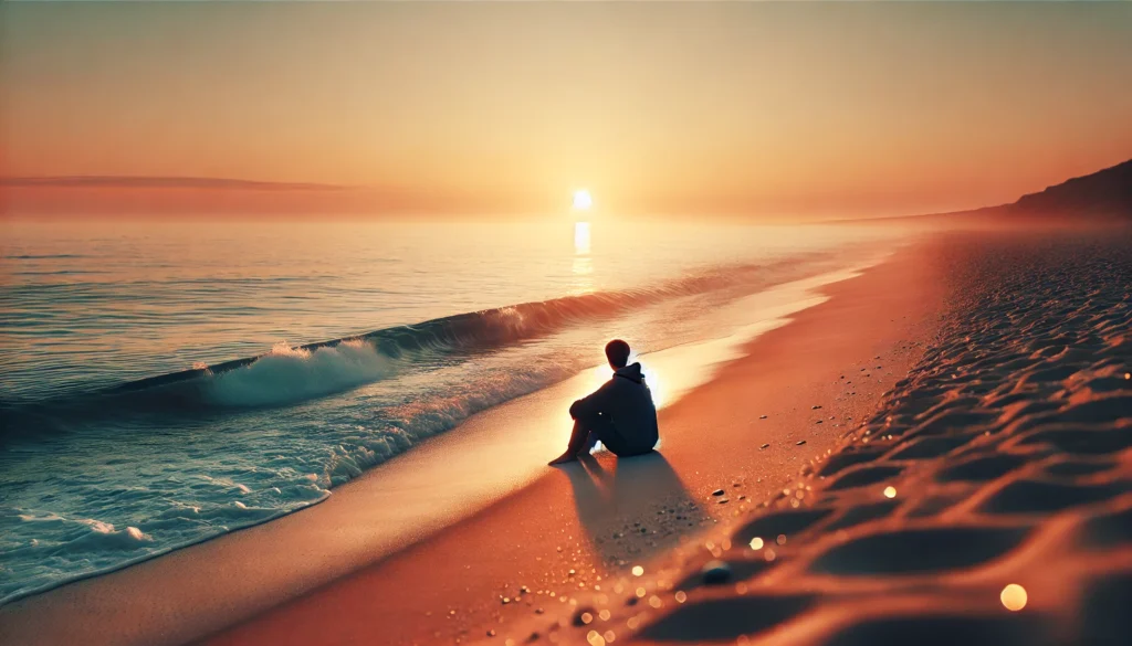 A solitary figure sitting on a peaceful beach at sunset, gazing at the ocean, symbolizing calming solitude and emotional clarity through nature.
