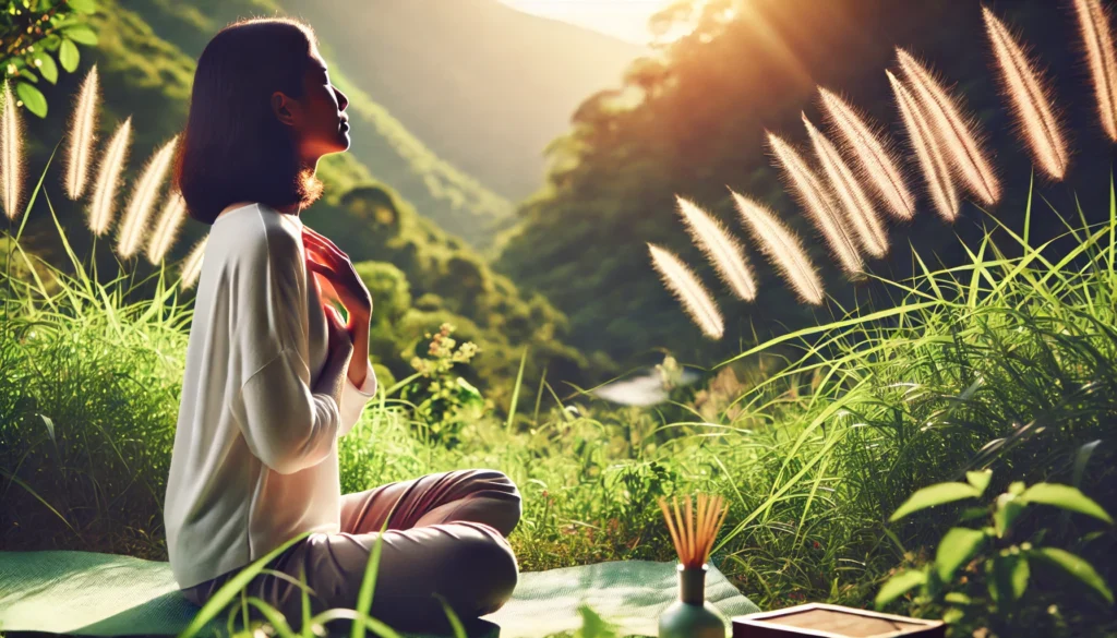 A peaceful outdoor scene of a woman meditating in nature after an acupuncture session, surrounded by green grass and soft sunlight—symbolizing stress relief, calm, and the mental wellness benefits of acupuncture.