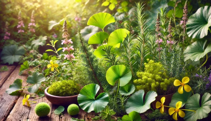 A lush herbal garden in morning light featuring ADHD-supportive plants like ginkgo biloba, gotu kola, and rosemary, evoking natural wellness and cognitive clarity.