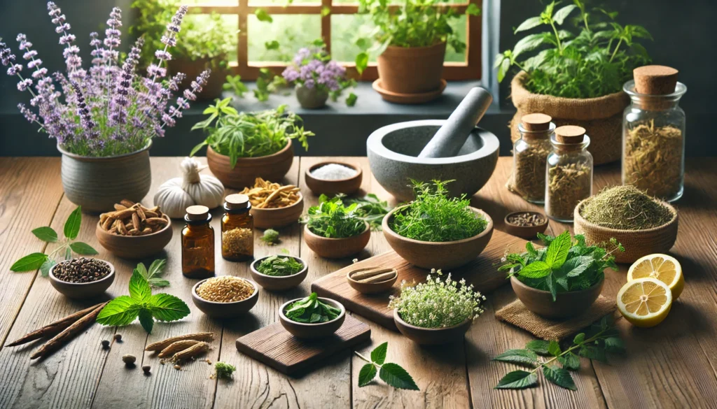 A rustic wooden table bathed in natural light, displaying ashwagandha, ginseng, lemon balm, and bacopa monnieri herbs in bowls and bundles for ADHD support and focus.