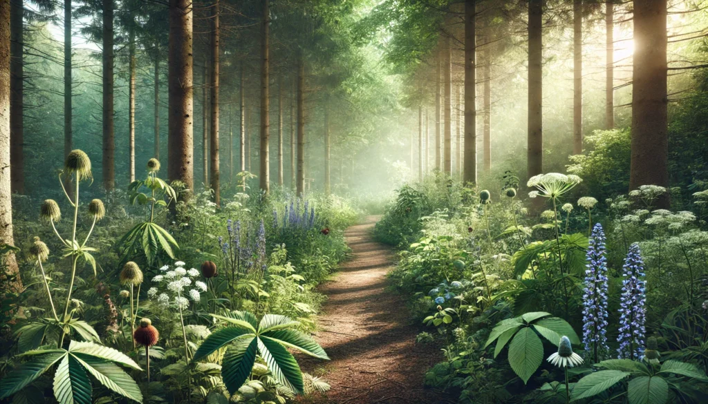 A tranquil forest path with wild valerian root, passionflower, and sage growing along the trail, symbolizing a natural approach to mental clarity and ADHD relief.